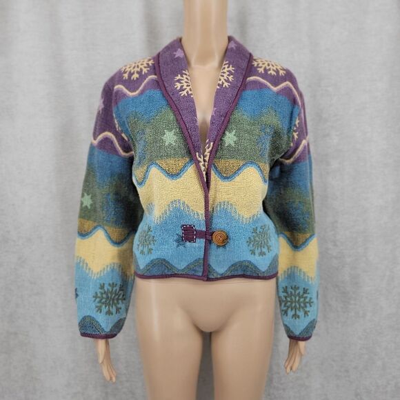 Flashback Vintage Cotton Tapestry Cropped Cardigan Jacket Shawl Collar Winter - Picture 2 of 8